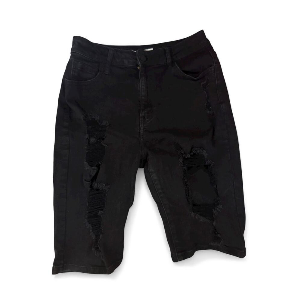 Encore Sz Large Juniors Stretchy Black Distressed Bermuda Shorts Jeans Destroyed